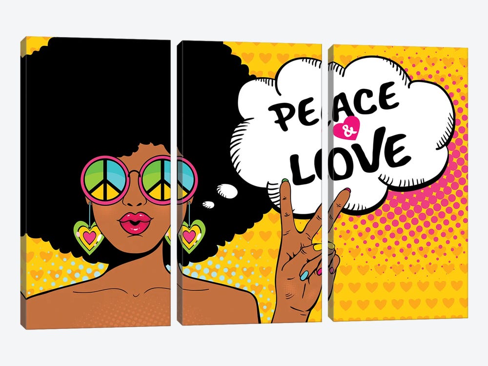 Wow Female Face. Sexy African American Hippie Woman In Glasses With Pacific Sign Shows Victory Sign by Depositphotos 3-piece Canvas Art Print