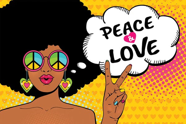 Depositphotos: Wow Female Face. Sexy African American Hippie Woman In Glasses With Pacific Sign Shows Victory Sign by Depositphotos