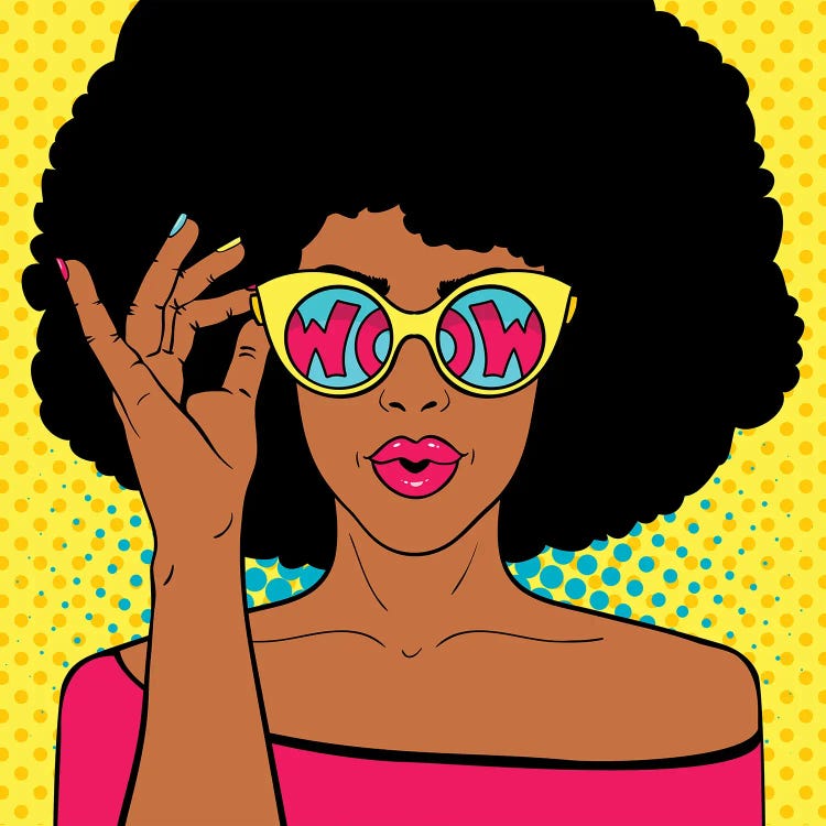 Wow Pop Art Face. Sexy Surprised Black Woman With Afro Hair And Open Mouth Holding Sunglasses In Her Hand