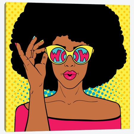 Wow Pop Art Face. Sexy Surprised Black Woman With Afro Hair And Open Mouth Holding Sunglasses In Her Hand Canvas Print #DPT415} by Depositphotos Canvas Print