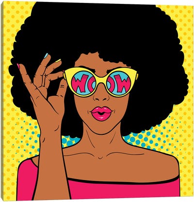Wow Pop Art Face. Sexy Surprised Black Woman With Afro Hair And Open Mouth Holding Sunglasses In Her Hand Canvas Art Print - Depositphotos