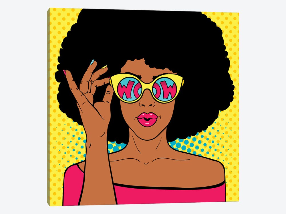Wow Pop Art Face. Sexy Surprised Black Woman With Afro Hair And Open Mouth Holding Sunglasses In Her Hand by Depositphotos 1-piece Canvas Artwork