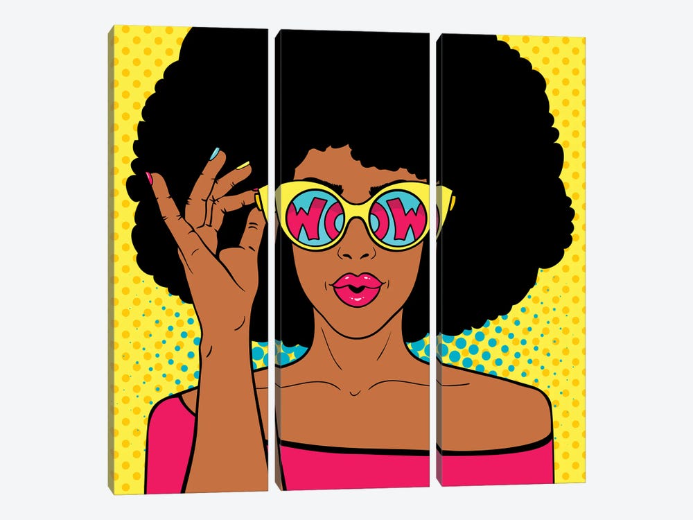 Wow Pop Art Face. Sexy Surprised Black Woman With Afro Hair And Open Mouth Holding Sunglasses In Her Hand by Depositphotos 3-piece Canvas Wall Art