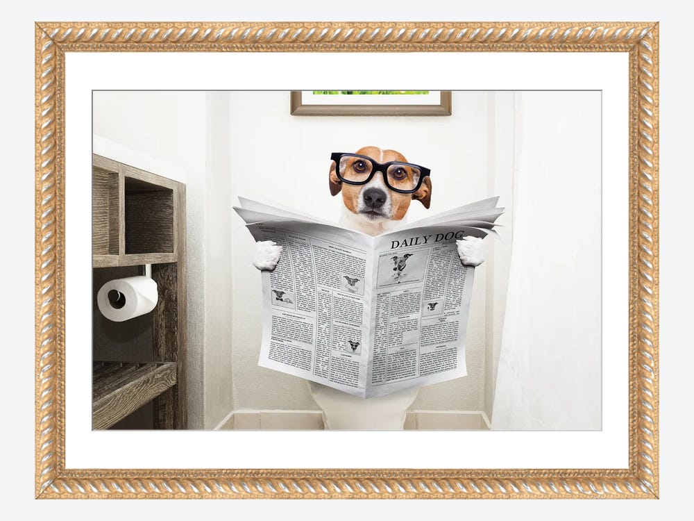 Dog Canvas Reading the newspaper in the toilet - Fineartsfrance