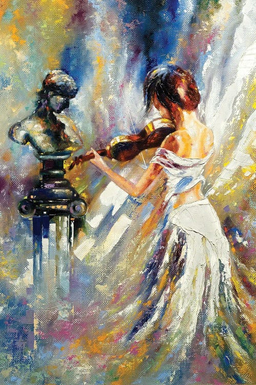 Playing Her Violin In Front Of A Bust