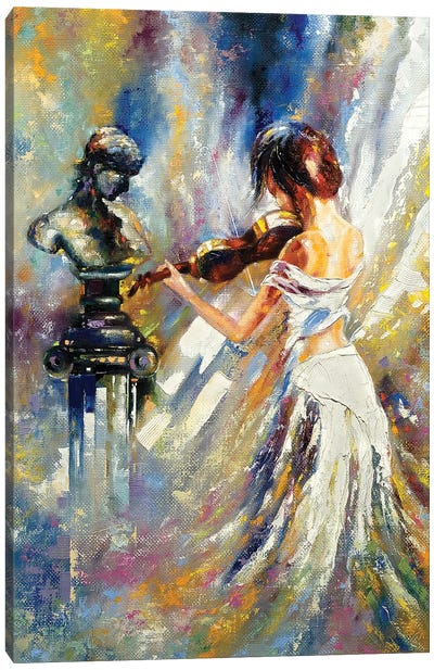 Playing Her Violin In Front Of A Bust Canvas Art Print - Music Collection