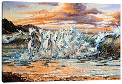 The Horses Running From Waves Canvas Art Print - Scenic Collection