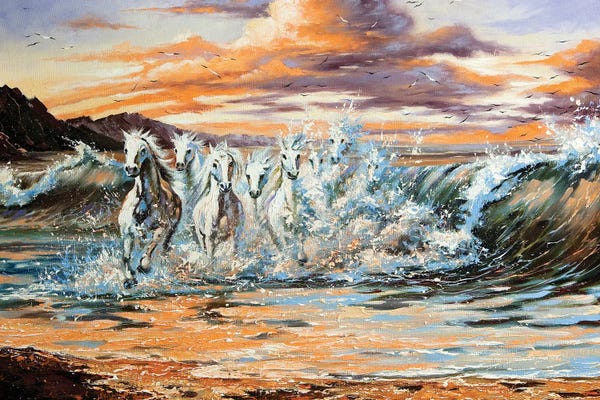 Animal Collection: The Horses Running From Waves by balaikin