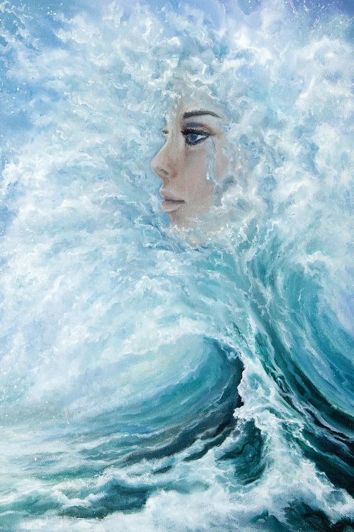 Woman Face From Waves In Ocean