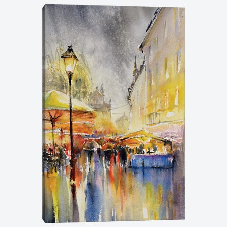 City In The Rain. People, Umbrellas And  Reflections On Wet Street. Picture Created With Watercolors. Canvas Print #DPT468} by DeepGreen Canvas Art Print