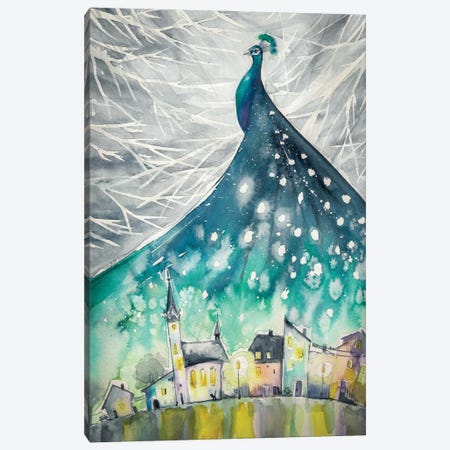Peacock Over City Canvas Print #DPT476} by DeepGreen Art Print
