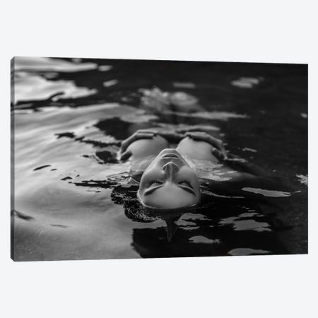 Black And White Photo Of Woman Posing With Closed Eyes While Lying In The Water Canvas Print #DPT49} by DetkovDmitrii Canvas Artwork