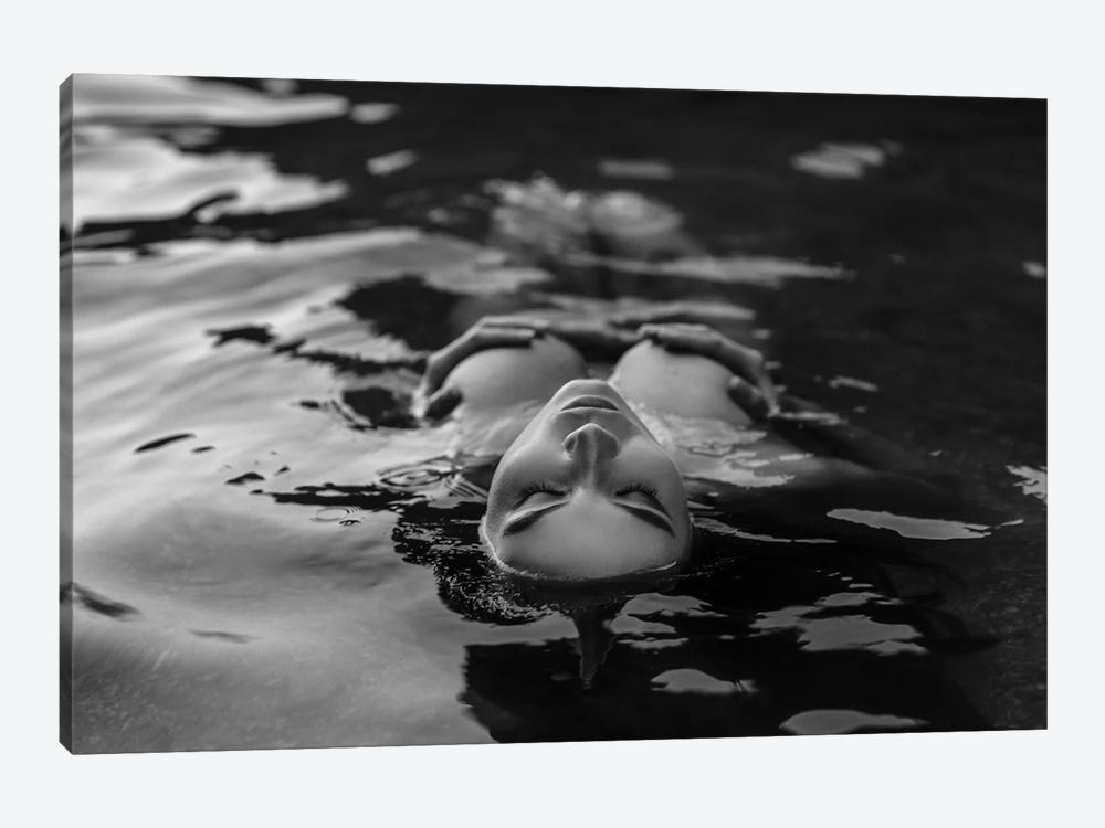 Black And White Photo Of Woman Posing With Closed Eyes While Lying In The Water by DetkovDmitrii 1-piece Canvas Wall Art