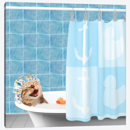 Funny Cat Is Taking A Bath With Toy Duck Canvas Print #DPT504} by funny_cats Canvas Art Print