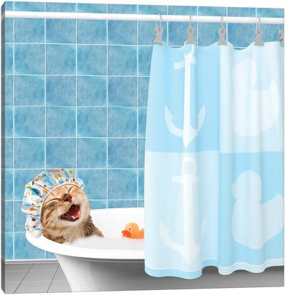 Funny Cat Is Taking A Bath With Toy Duck Canvas Art Print - Animal Collection