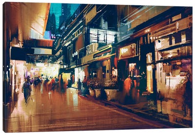 Colorful Night Street Canvas Art Print - Scenic Collection