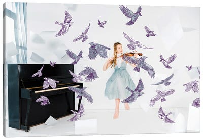 Floating Girl In Blue Dress Playing Violin With Birds Illustration Canvas Art Print - Music Collection