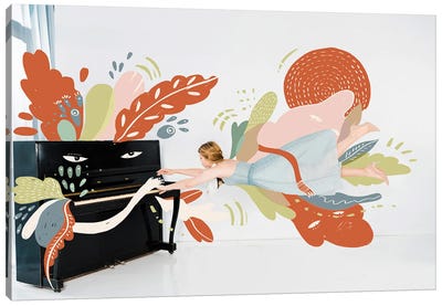 Illustration Of Floating Girl In Blue Dress Playing Black Piano Canvas Art Print - Music Collection