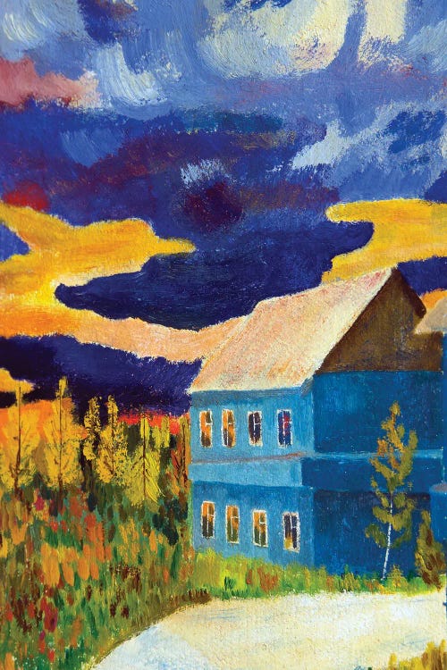 Autumn Landscape With A House On The Background Of A Storm Sky At Sunset