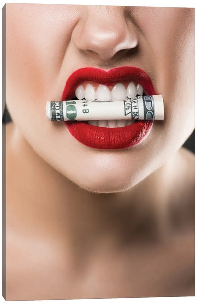 Angry Woman With Red Lips Holding Cash In Teeth Canvas Art Print - Money Collection