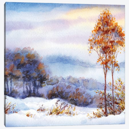 Watercolor Winter Landscape. Snow Covered Valley And Trees Canvas Print #DPT532} by Marinka Canvas Art Print
