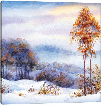 Watercolor Winter Landscape. Snow Covered Valley And Trees Canvas Art Print