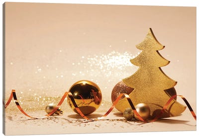 Decorated Christmas Tree, Wavy Ribbon And Glitter On Tabletop Canvas Art Print