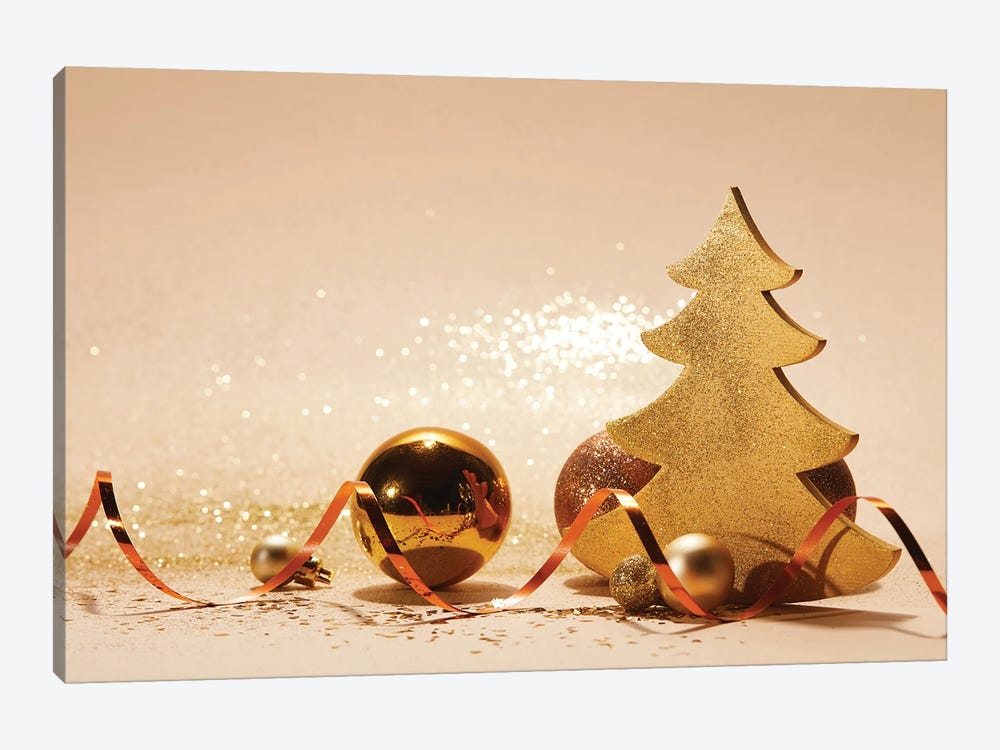 Decorated Christmas Tree, Wavy Ribbon And Glitter On Tabletop by AntonMatyukha 1-piece Art Print