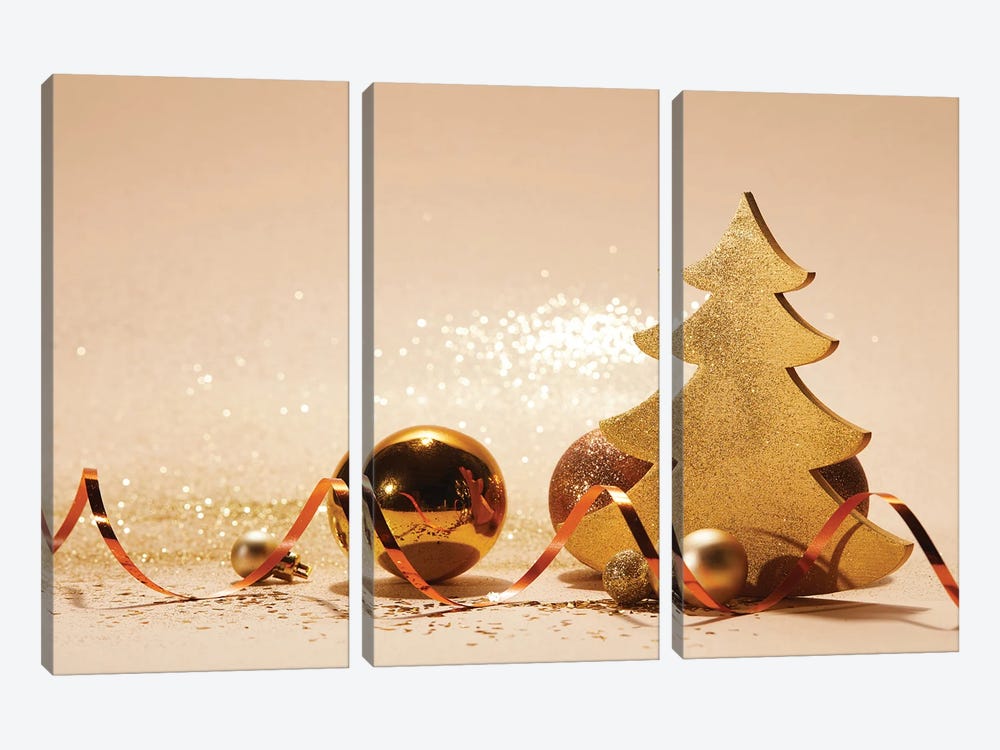 Decorated Christmas Tree, Wavy Ribbon And Glitter On Tabletop 3-piece Canvas Print