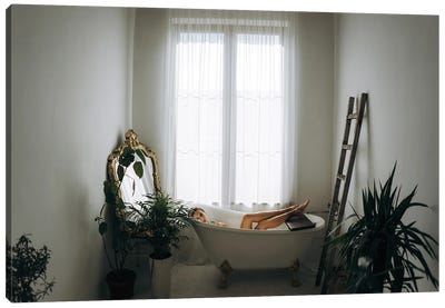 Interior Of Bathroom With Woman Lying In Bath Canvas Art Print