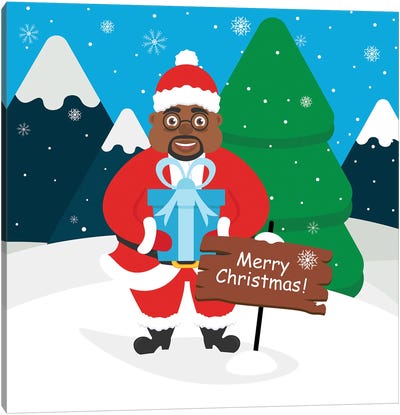 Cute African American Santa Claus With A Gift In Its Hands. Landscape Of Mountains , Forest, Snow Canvas Art Print