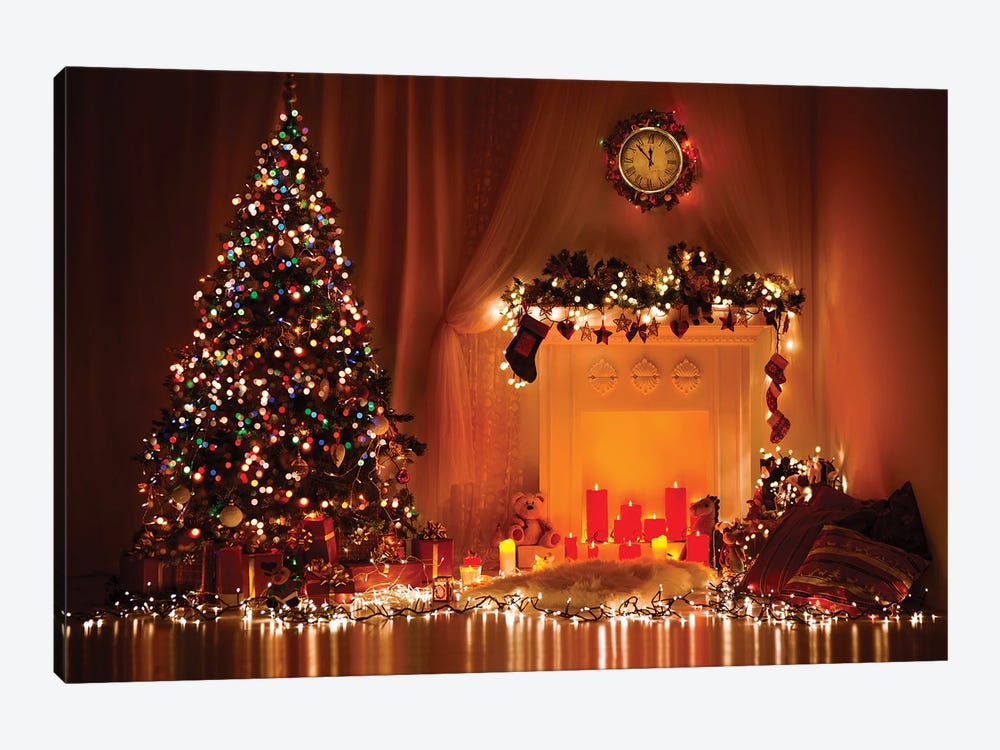 Xmas Tree Decorated By Lights, Presents, Gift,s Toys, Candles And Garland by inarik 1-piece Canvas Wall Art