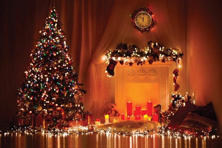 Xmas Tree Decorated By Lights, Presents, Gift,s Toys, Candles And Garland