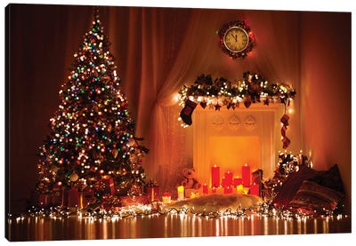 Xmas Tree Decorated By Lights, Presents, Gift,s Toys, Candles And Garland Canvas Art Print