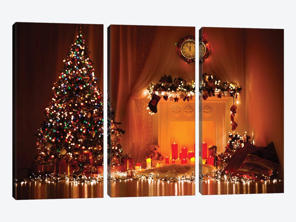 Xmas Tree Decorated By Lights, Presents, Gift,s Toys, Candles And Garland by inarik 3-piece Canvas Wall Art
