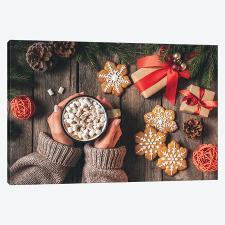 Cropped View Of Woman Holding Cup Of Cocoa With Marshmallows And Gingerbread On Wooden Background With Christmas Gifts Canvas Print #DPT595} by KostyaKlimenko Canvas Artwork