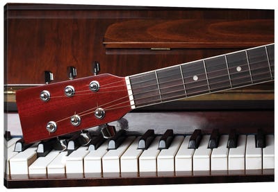 Guitar Neck On Old Piano Keys Canvas Art Print - Music Collection