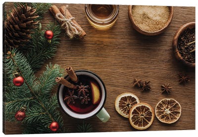 Top View Of Spice Mulled Wine And Fir Twigs With Baubles On Wooden Tabletop Canvas Art Print