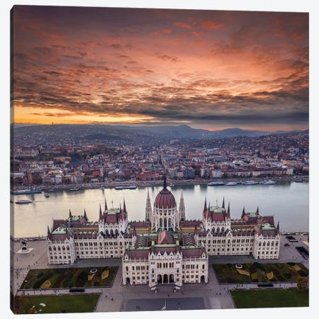 Aerial Drone View Of The Beautiful Parliament Of Hungary In Budapest Canvas Print #DPT616} by zoltangabor Art Print