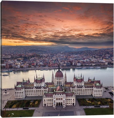 Aerial Drone View Of The Beautiful Parliament Of Hungary In Budapest Canvas Art Print