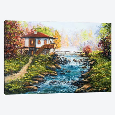 Traditional Bulgarian House And River In The Mountains Canvas Print #DPT639} by borojoint Canvas Art
