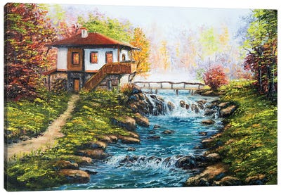 Traditional Bulgarian House And River In The Mountains Canvas Art Print - Scenic Collection