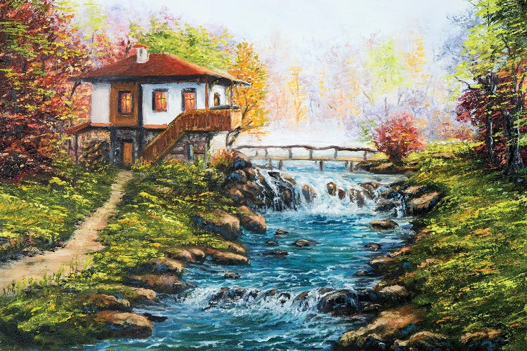 Traditional Bulgarian House And River In The Mountains by borojoint wall art