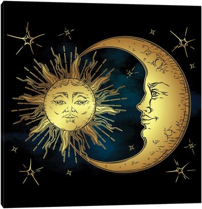 Golden Sun, Crescent Moon And Stars Over Blue Black Sky Canvas Art Print - Religion & Spirituality Art