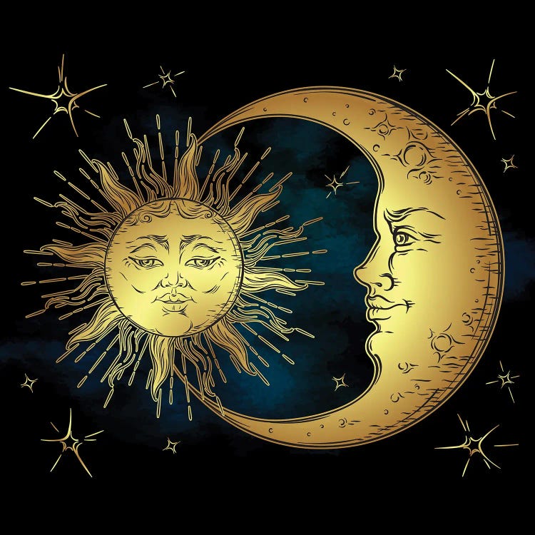 Golden Sun, Crescent Moon And Stars Over Blue Black Sky