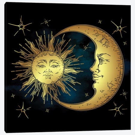 Golden Sun, Crescent Moon And Stars Over Blue Black Sky Canvas Print #DPT648} by Croisy Canvas Print
