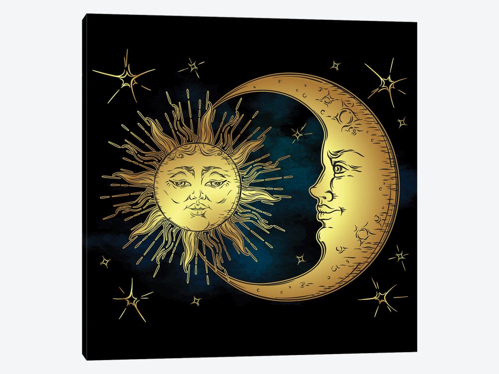Golden Sun, Crescent Moon And Stars Over Blue Black Sky by Croisy 1-piece Canvas Print