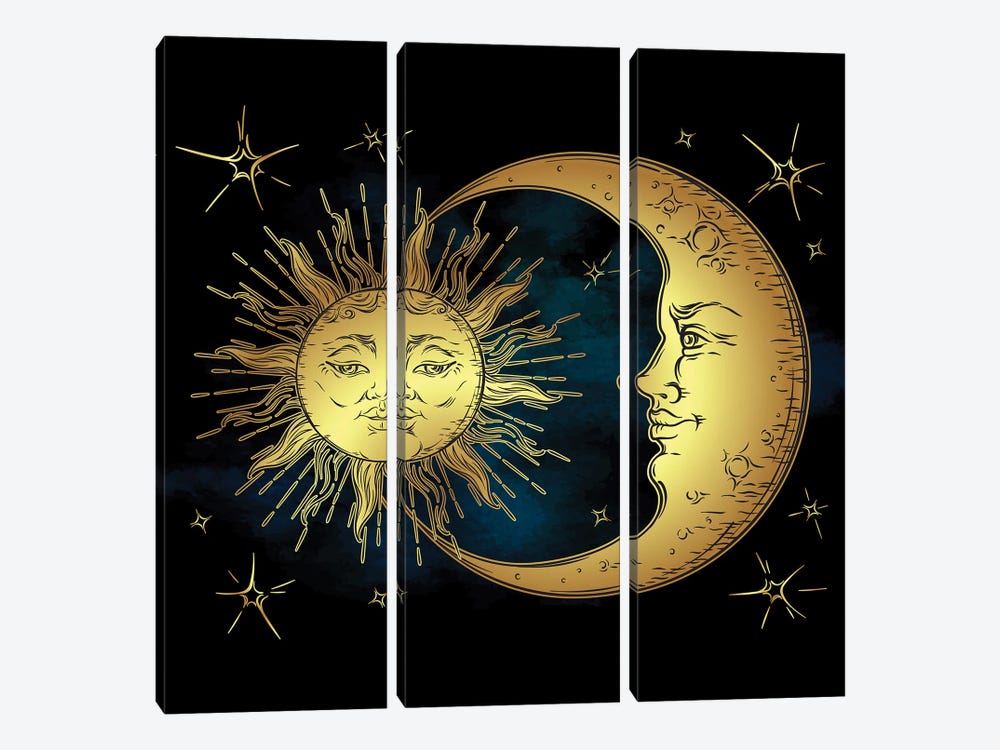 Golden Sun, Crescent Moon And Stars Over Blue Black Sky by Croisy 3-piece Canvas Print