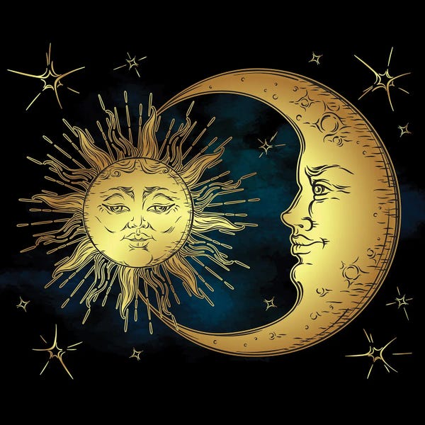 Sun & Moon: Golden Sun, Crescent Moon And Stars Over Blue Black Sky by Croisy