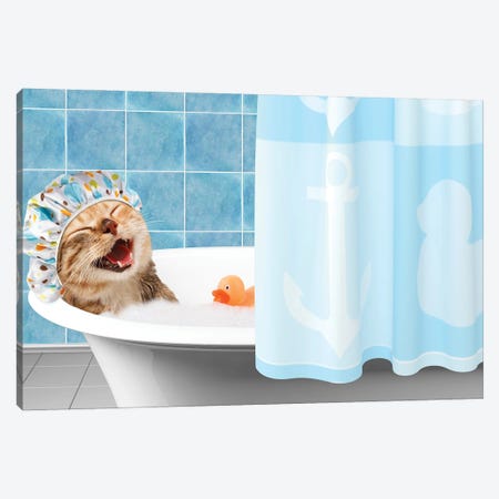 Funny Cat Is Taking A Bath With Toy Duck Canvas Print #DPT64} by funny_cats Art Print